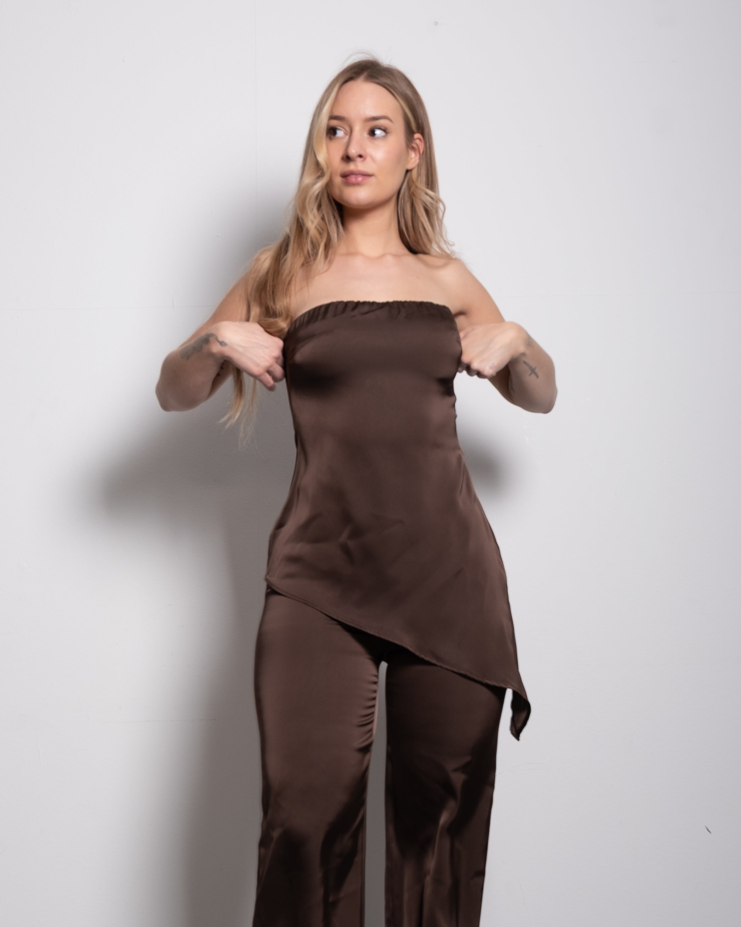 Satin Asymmetrical Tube Top Brown