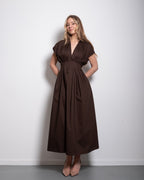 PRE-ORDER 2-3 WEEKS shape enhancing pleated shortsleeve front tie dress brown