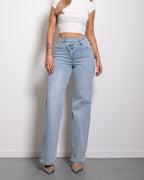 LIGHT BLUE WIDE LEG JEANS WITH SLANTED BUTTON - INSEAM 81CM
