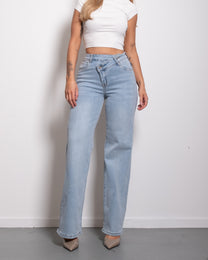 STRETCHY LIGHT BLUE WIDE LEG JEANS WITH SLANTED BUTTON - INSEAM 81CM | SEISHIKI STUDIO