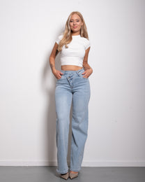 STRETCHY LIGHT BLUE WIDE LEG JEANS WITH SLANTED BUTTON - INSEAM 81CM | SEISHIKI STUDIO