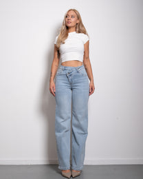 STRETCHY LIGHT BLUE WIDE LEG JEANS WITH SLANTED BUTTON - INSEAM 81CM | SEISHIKI STUDIO