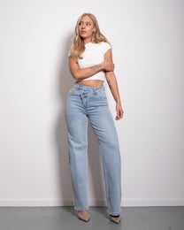 STRETCHY LIGHT BLUE WIDE LEG JEANS WITH SLANTED BUTTON - INSEAM 81CM | SEISHIKI STUDIO