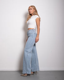 STRETCHY LIGHT BLUE WIDE LEG JEANS WITH SLANTED BUTTON - INSEAM 81CM | SEISHIKI STUDIO
