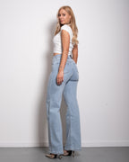 LIGHT BLUE WIDE LEG JEANS WITH SLANTED BUTTON - INSEAM 81CM