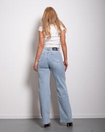 STRETCHY LIGHT BLUE WIDE LEG JEANS WITH SLANTED BUTTON - INSEAM 81CM | SEISHIKI STUDIO