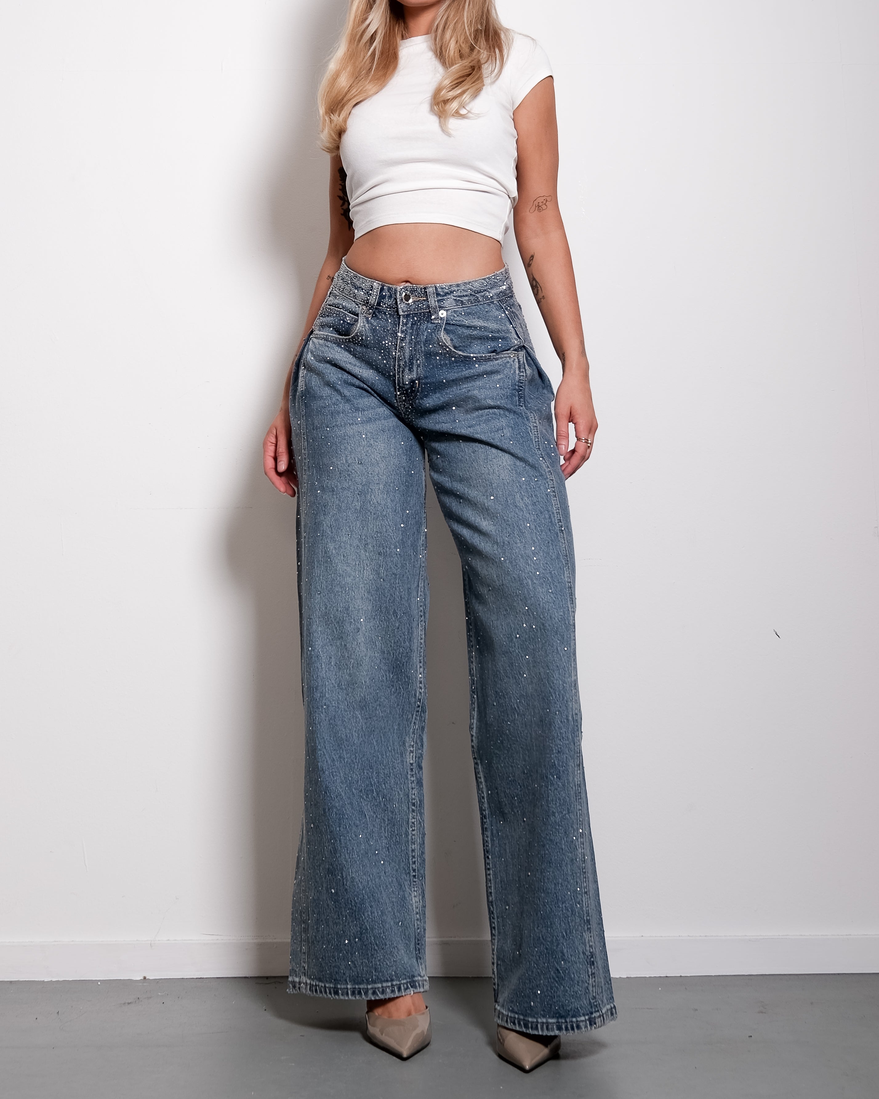SIDE FOLD SPLIT SPARKLE WIDE LEG JEANS - INSEAM 82CM