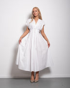 Shape enhancing pleated shortsleeve front tie dress white