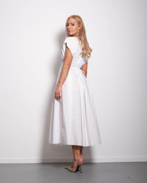 Shape enhancing cotton pleated shortsleeve front tie dress white | SEISHIKI STUDIO