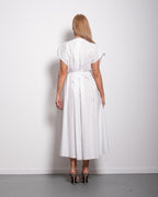 Shape enhancing pleated shortsleeve front tie dress white