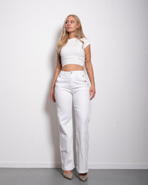 SPECIAL PRICE - DEFECTED ITEM - WHITE WIDE LEG JEANS WITH GOLD BUTTONS - INSEAM 77CM