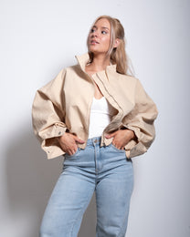 SEISHIKI STUDIO cropped high neck oversized windbreaker jacket beige