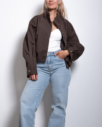 SEISHIKI STUDIO cropped high neck oversized windbreaker jacket brown