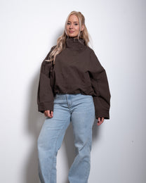 SEISHIKI STUDIO cropped high neck oversized windbreaker jacket brown
