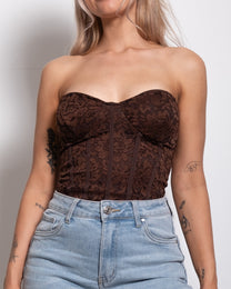 SEISHIKI STUDIO Shiny lace corset top brown