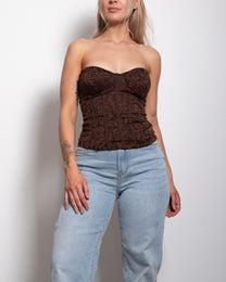 SEISHIKI STUDIO Shiny lace corset top brown