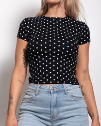 SEISHIKI STUDIO polkadot stretchy shortsleeve top black