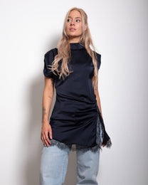 silky high neck navy top with lace trim