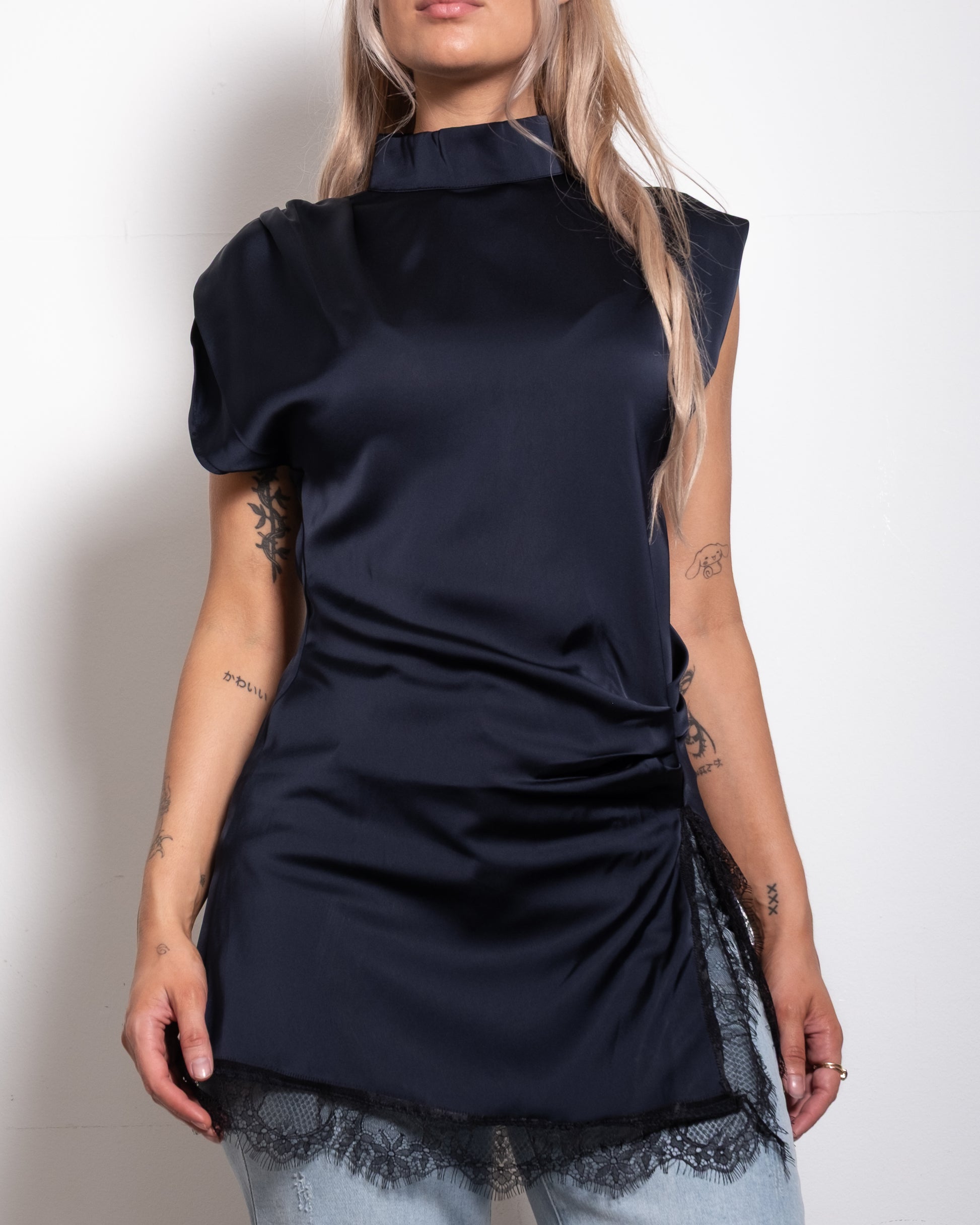 silky high neck navy top with lace trim