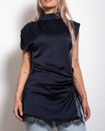 silky high neck navy top with lace trim