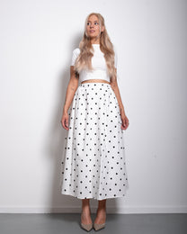 SEISHIKI STUDIO maxi length white polkadot skirt with stretch