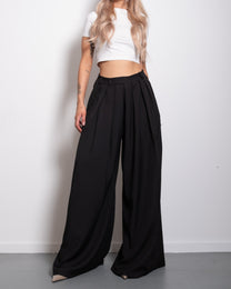 SEISHIKI STUDIO PLEATED STRETCHY ULTRA WIDE LEG PANTS BLACK