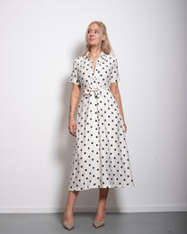 cream shortsleeved polkadot dress with belt