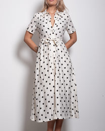 cream shortsleeved polkadot dress with belt