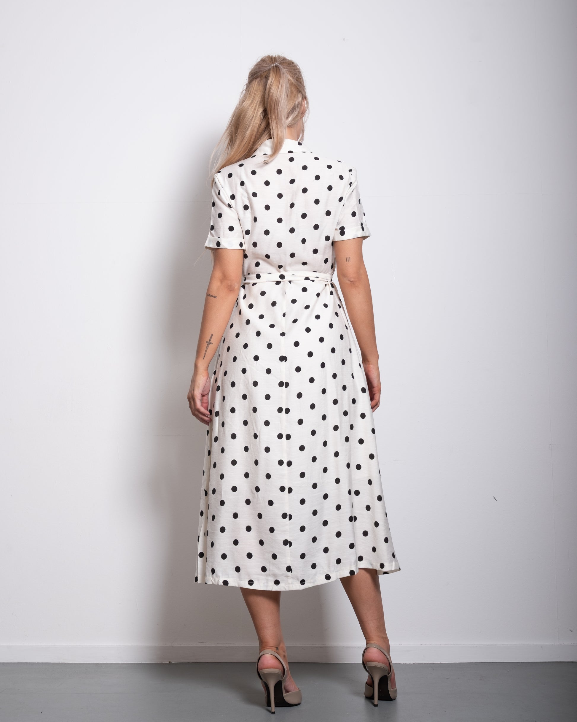 cream shortsleeved polkadot dress with belt