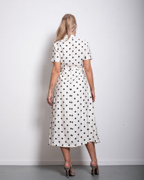 cream shortsleeved polkadot dress with belt