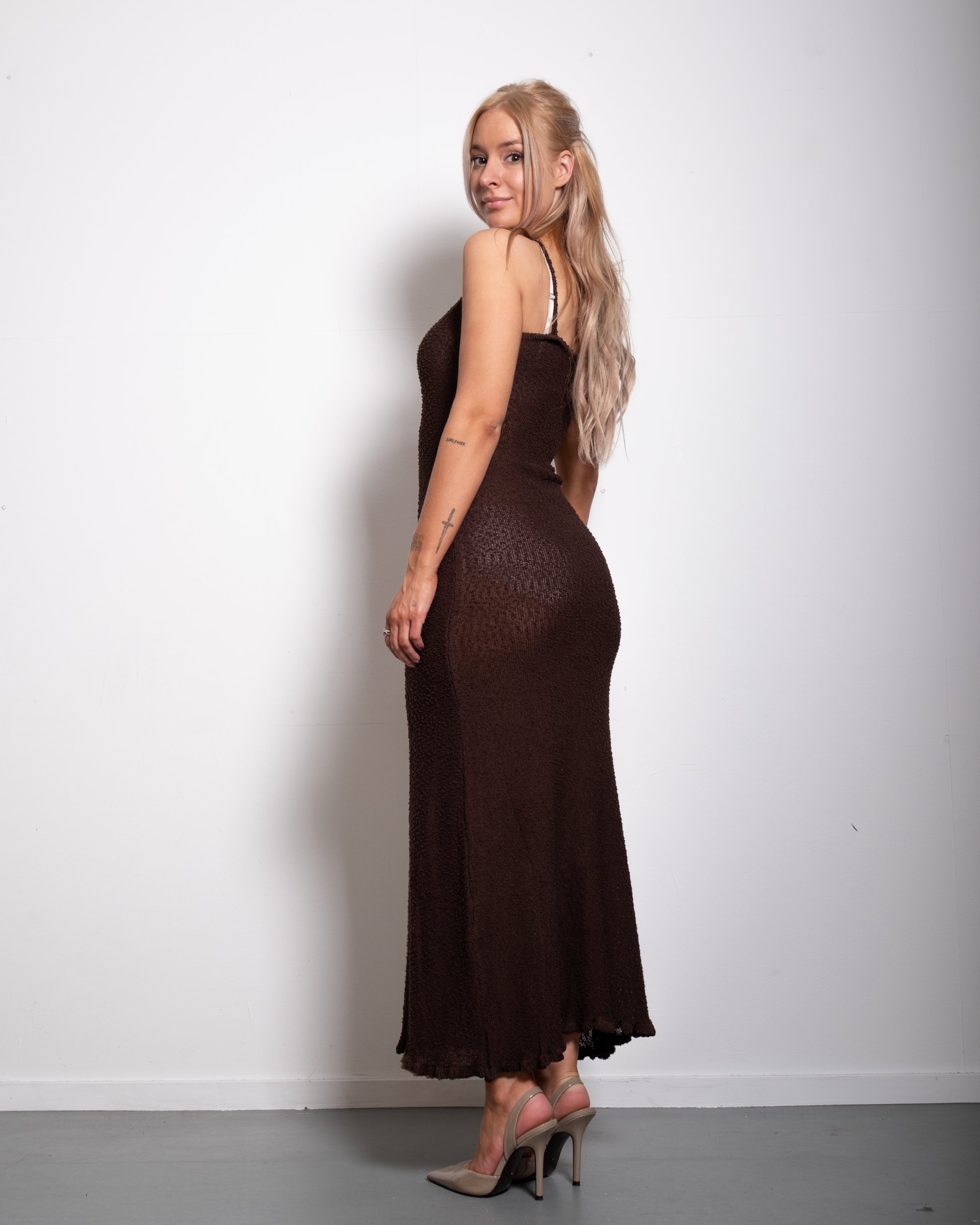 semi sheer knit beach coverup long dress brown | SEISHIKI STUDIO