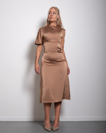 SEISHIKI STUDIO one shoulder draped champagne midi dress