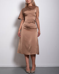 SEISHIKI STUDIO one shoulder draped champagne midi dress