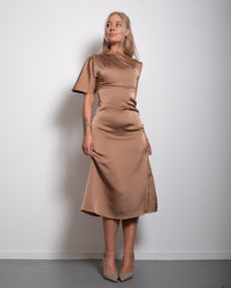 SEISHIKI STUDIO one shoulder draped champagne midi dress