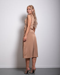 SEISHIKI STUDIO one shoulder draped champagne midi dress