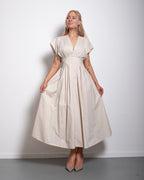 Shape enhancing cotton pleated shortsleeve front tie dress beige | SEISHIKI STUDIO