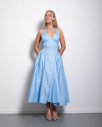 SEISHIKI STUDIO cotton halter stretchy back midi dress pastel blue