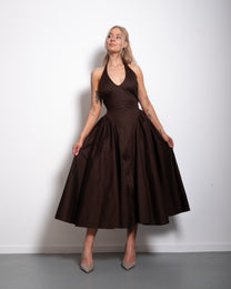 SEISHIKI STUDIO cotton halter stretchy back midi dress brown