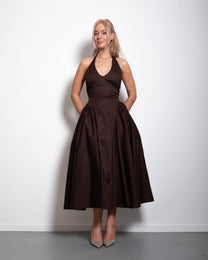 SEISHIKI STUDIO cotton halter stretchy back midi dress brown