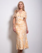 SEISHIKI STUDIO v neck flare sleeve floral midi dress yellow