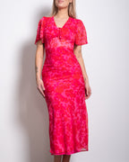 SEISHIKI STUDIO v neck flare sleeve floral midi dress bright pink