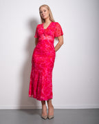 SEISHIKI STUDIO v neck flare sleeve floral midi dress bright pink