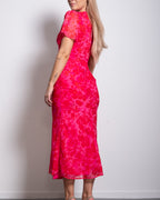 SEISHIKI STUDIO v neck flare sleeve floral midi dress bright pink