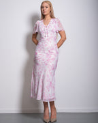 SEISHIKI STUDIO v neck flare sleeve floral midi dress pastel pink