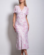 SEISHIKI STUDIO v neck flare sleeve floral midi dress pastel pink