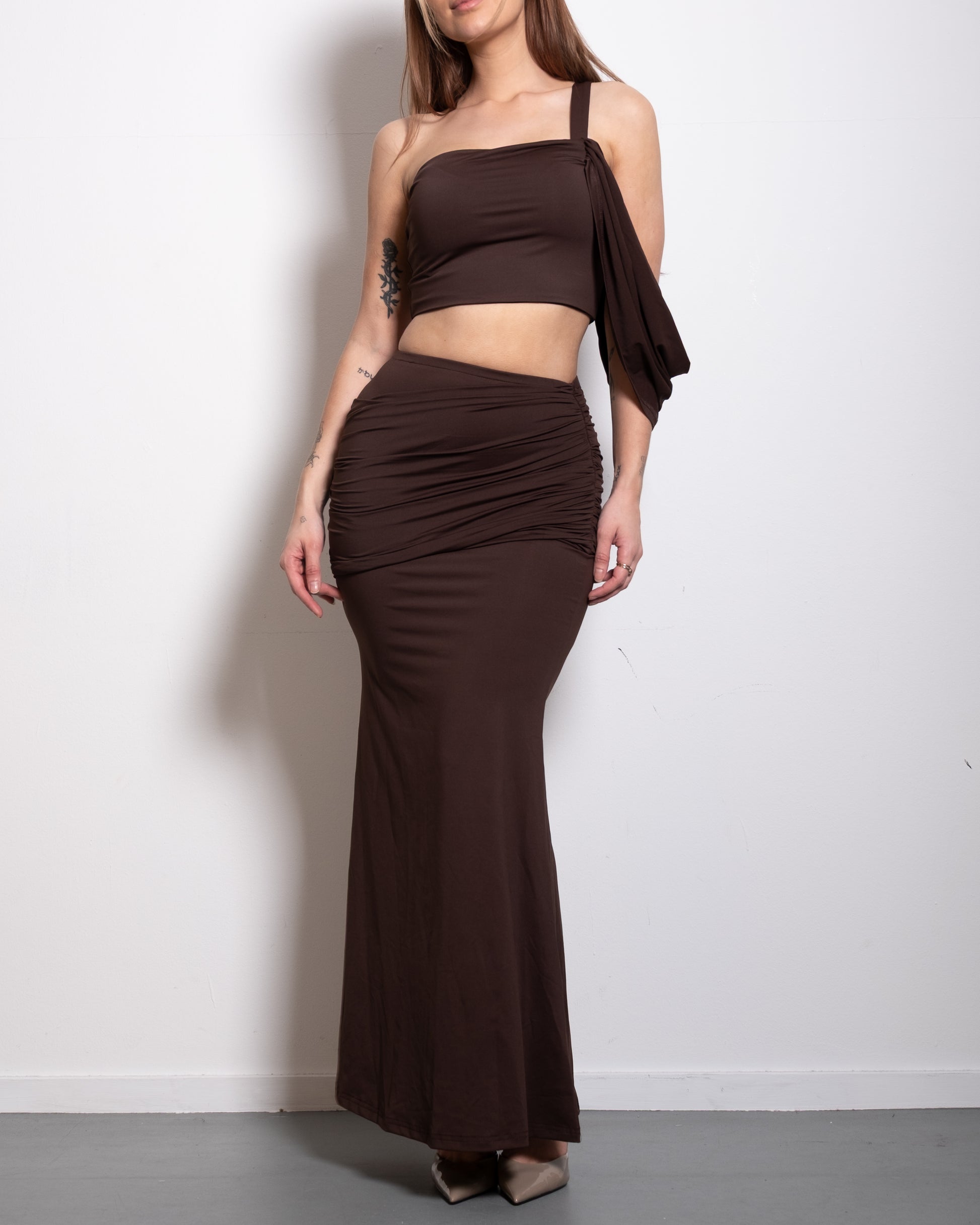 draped top and skirt set brown | SEISHIKI STUDIO