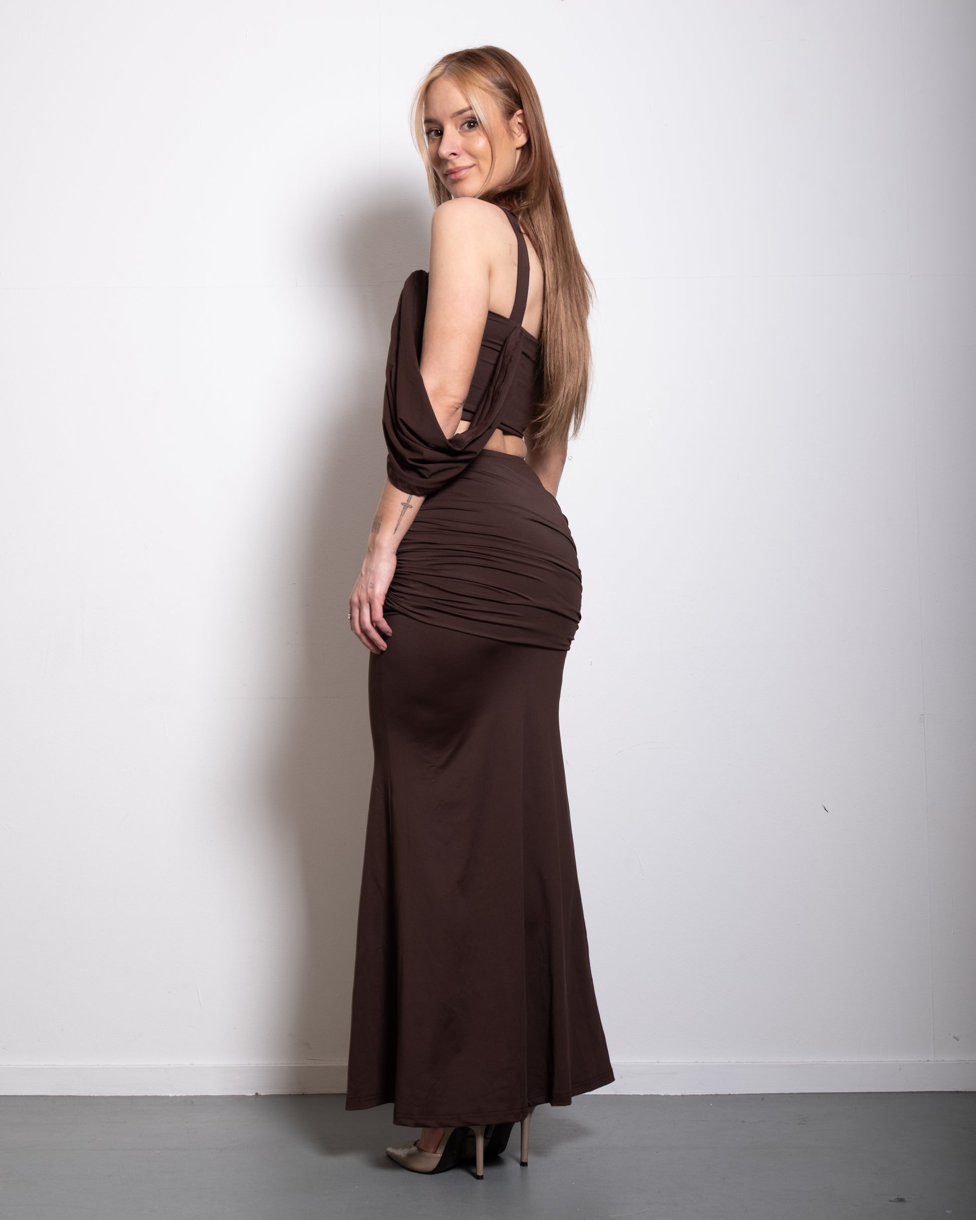 draped top and skirt set brown | SEISHIKI STUDIO