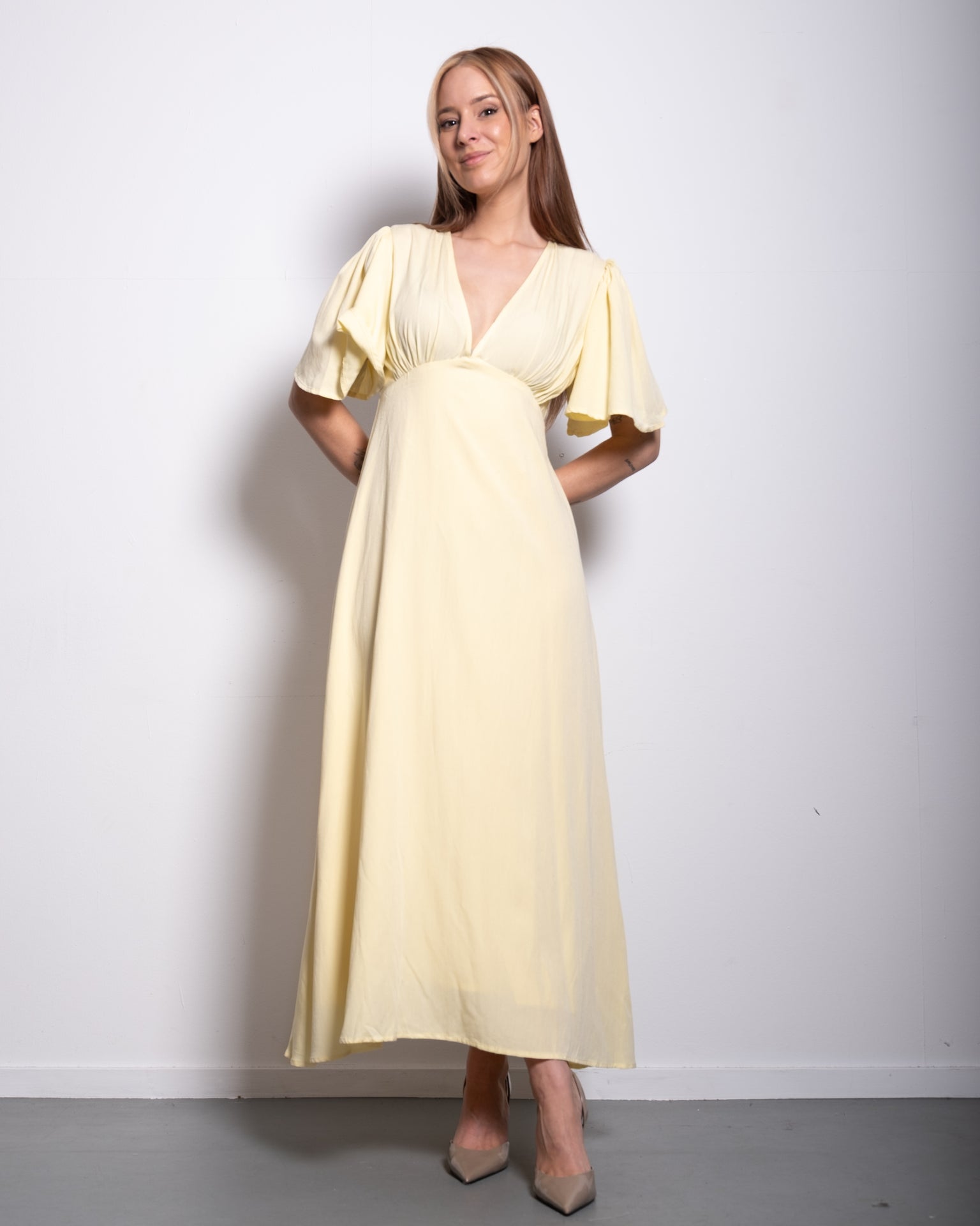 v neck flare sleeve midi dress butter yellow
