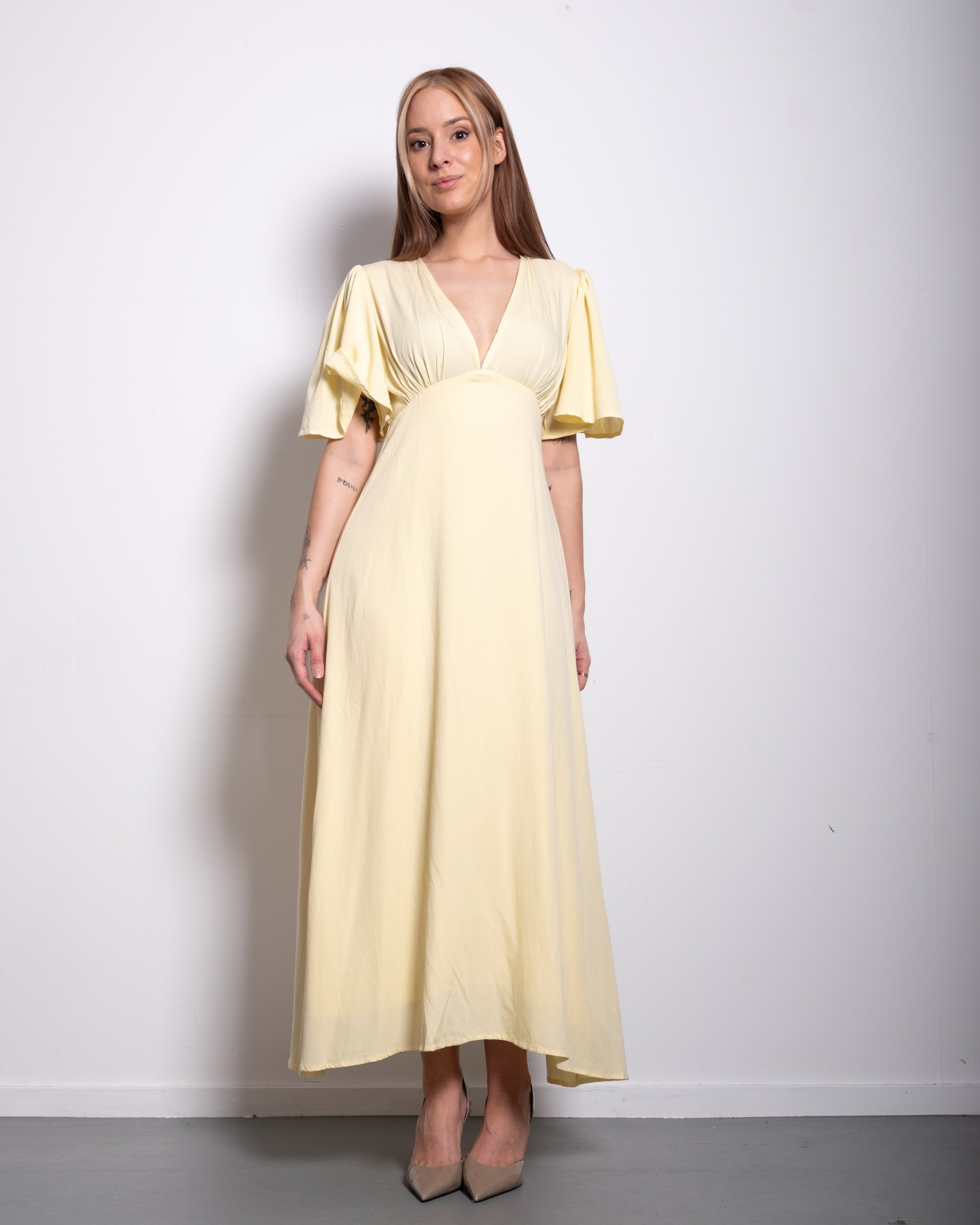 v neck flare sleeve midi dress butter yellow
