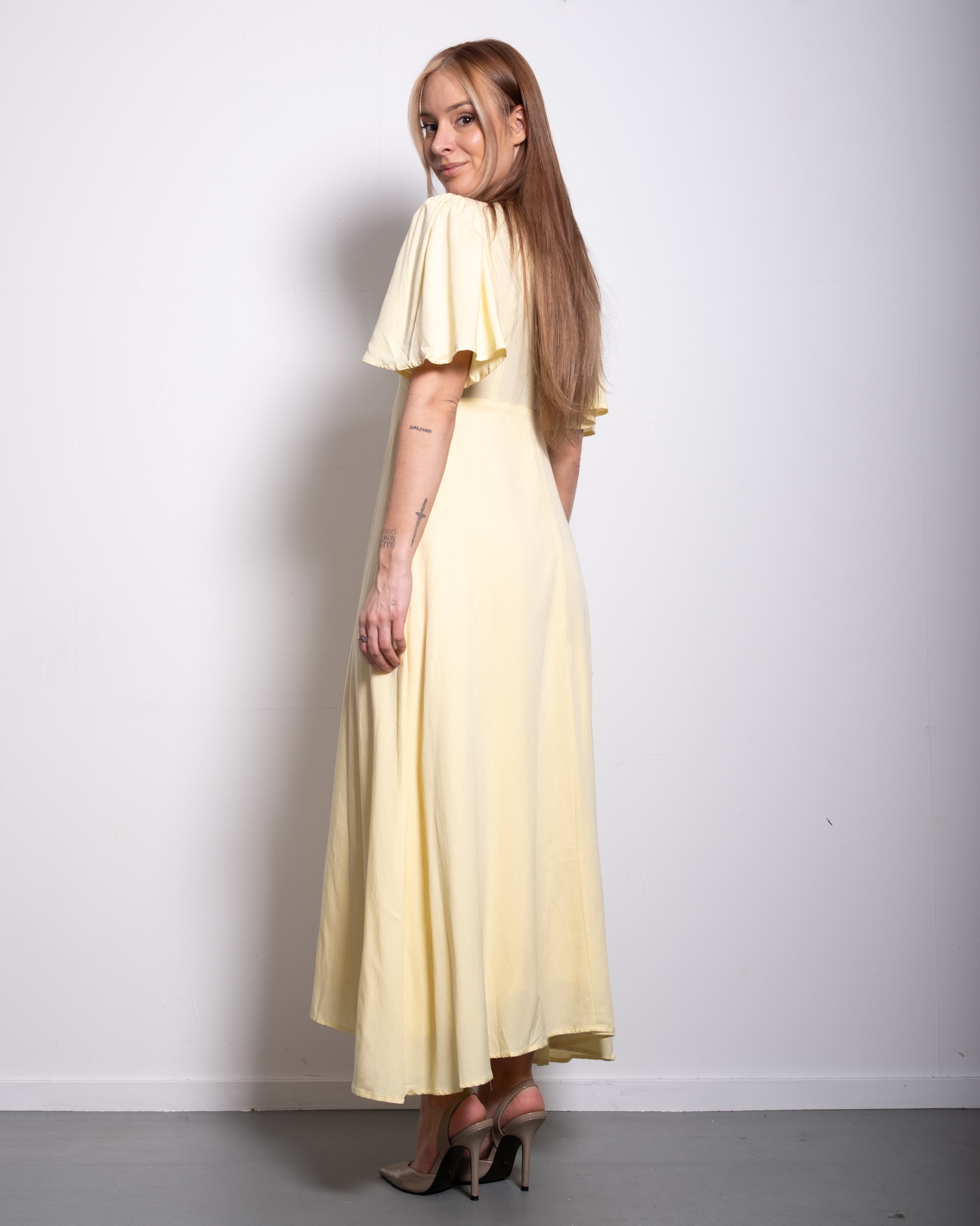 v neck flare sleeve midi dress butter yellow